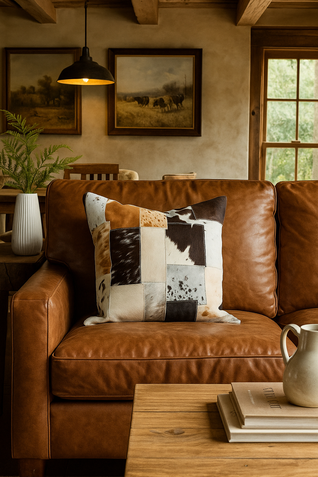 Patchwork Cowhide Leather Cushion Cover – Natural Hide, Handmade 45x45cm