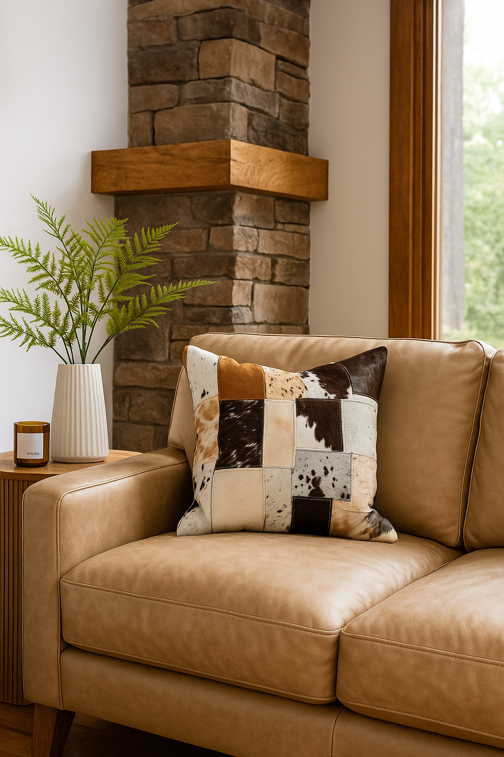 Patchwork Cowhide Leather Cushion Cover – Natural Hide, Handmade 45x45cm