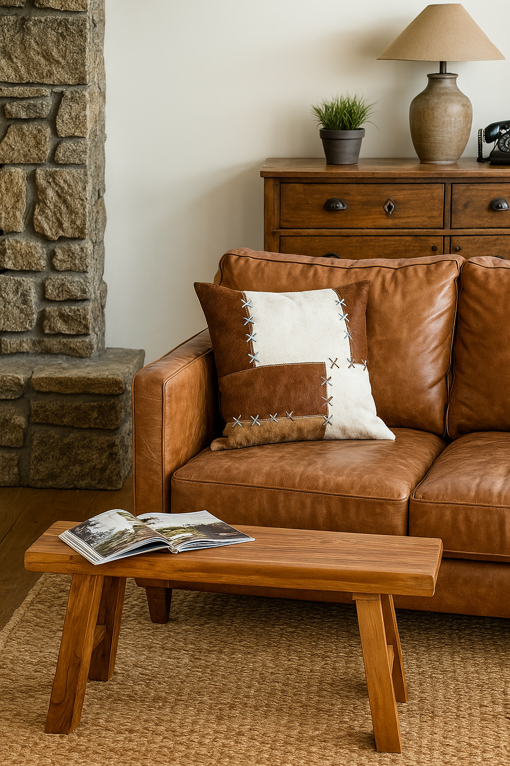 Rustic brown and ivory cowhide leather pillow cover