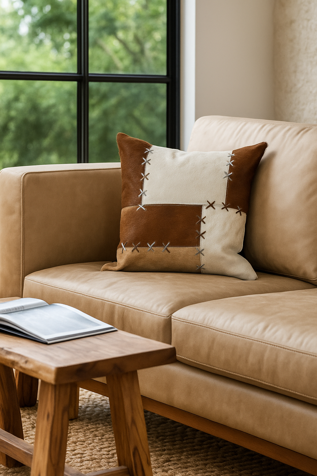 Genuine cowhide cushion with natural patchwork pattern