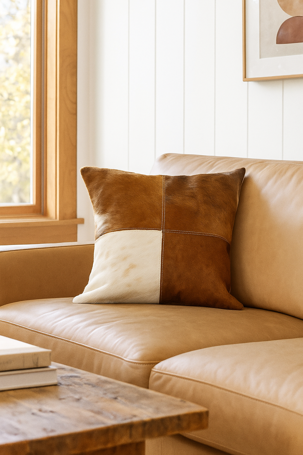 Cowhide Leather Cushion Cover – Natural Patchwork Hide Pillow (45x45cm)