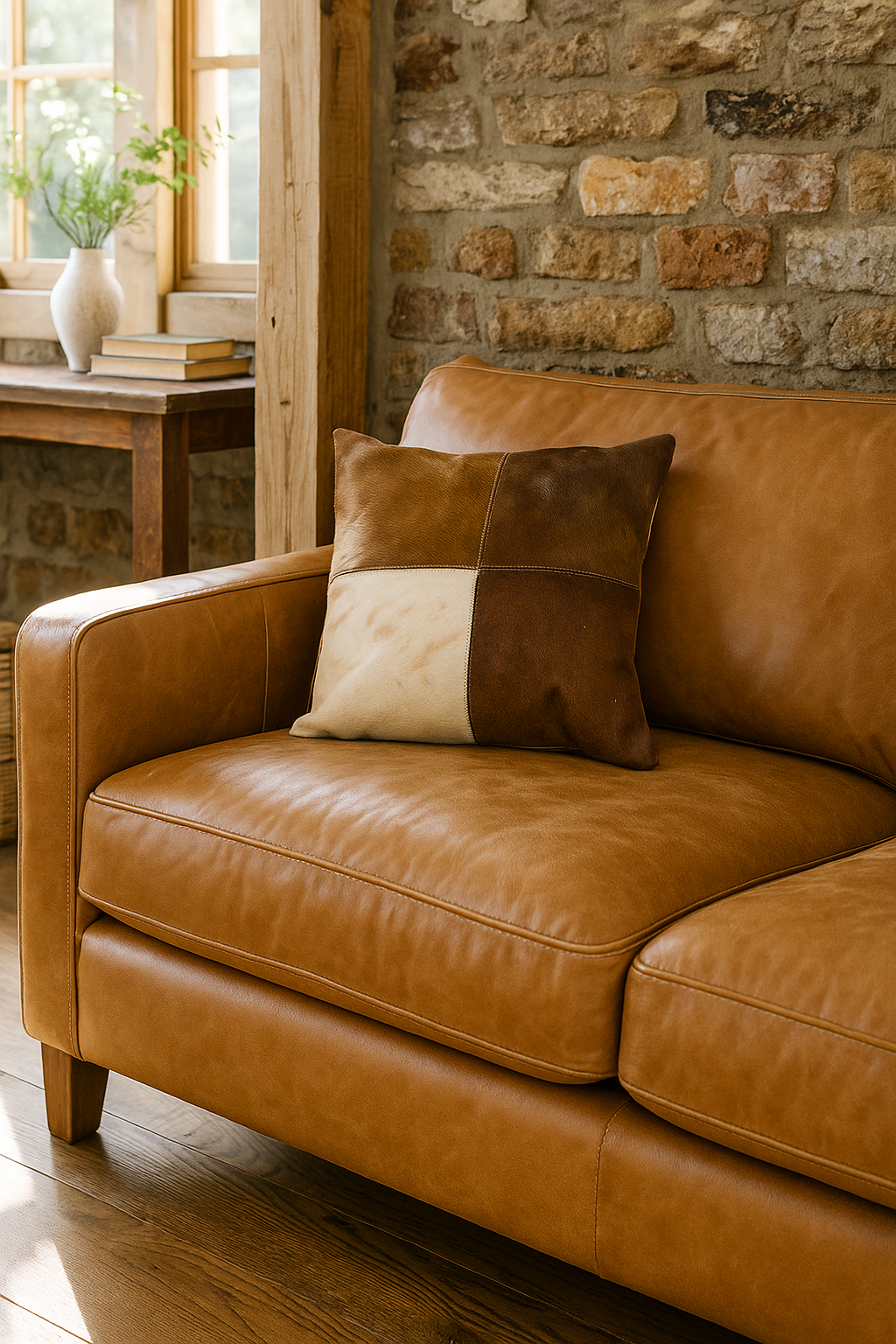 Cowhide Leather Cushion Cover – Natural Patchwork Hide Pillow (45x45cm)