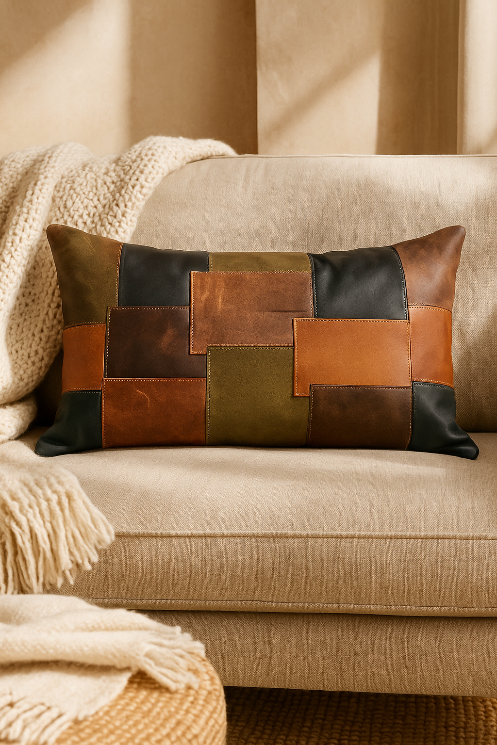 Genuine leather lumbar cushion with multi-toned panels in cozy lounge