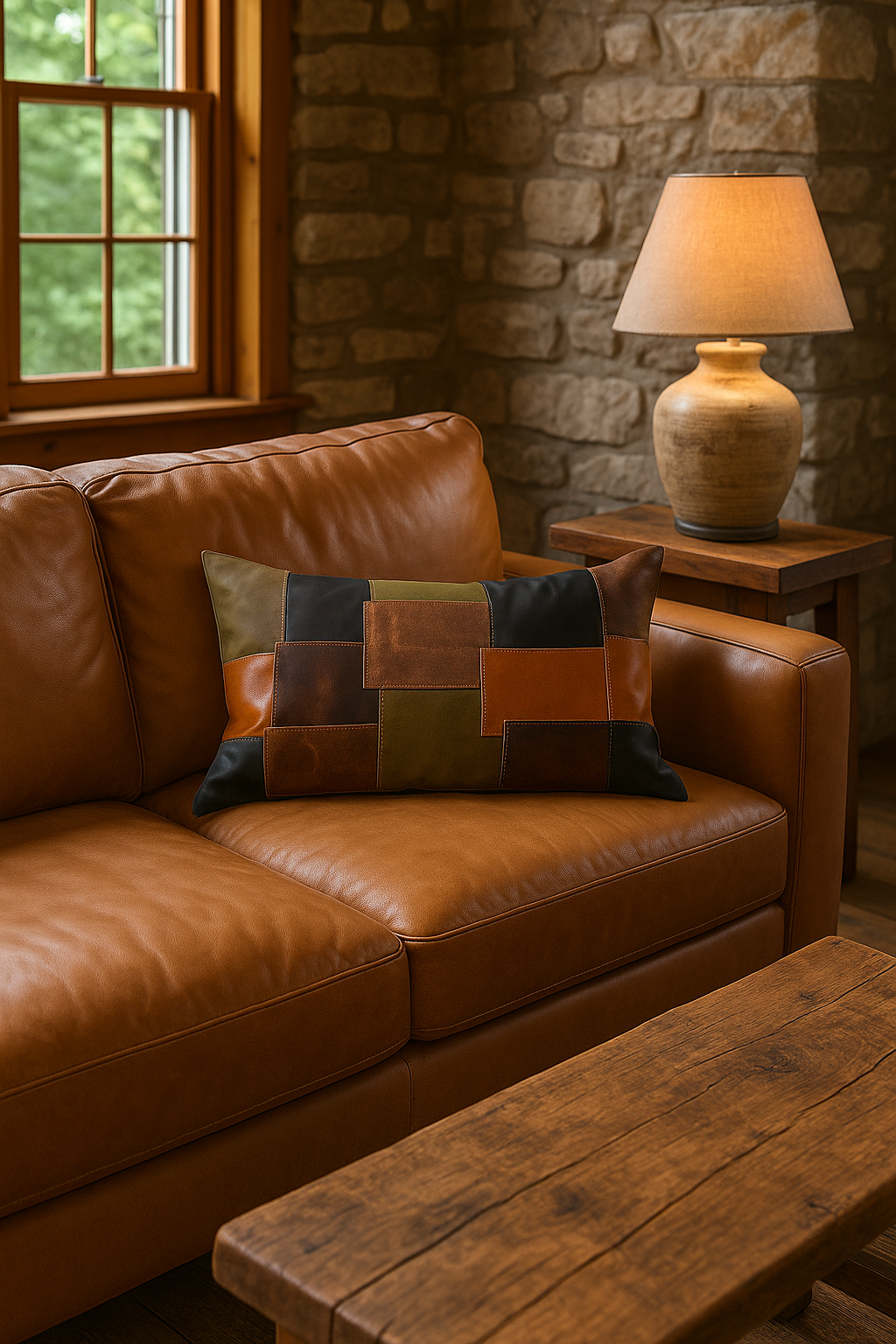 Patchwork leather lumbar cushion on tan sofa with neutral throw blanket