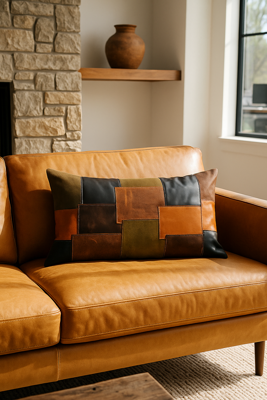 Earth-Toned Patchwork Leather Cushion Lumbar – Accent Pillow