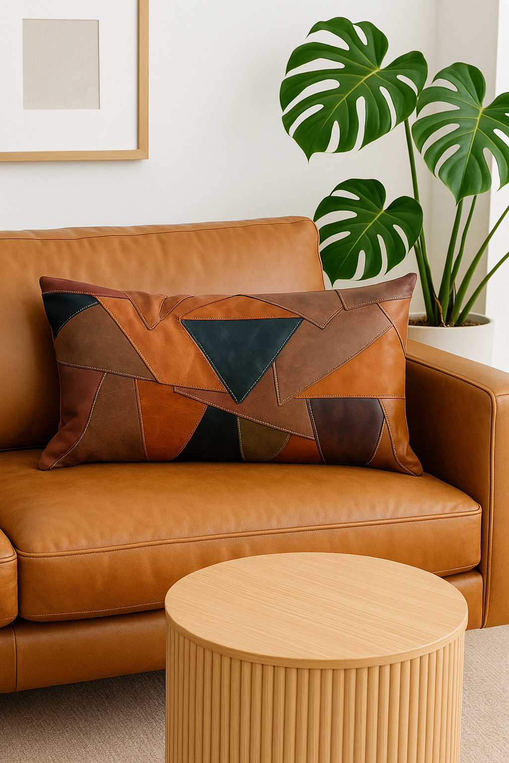 Geometric patchwork leather lumbar cushion on tan sofa
