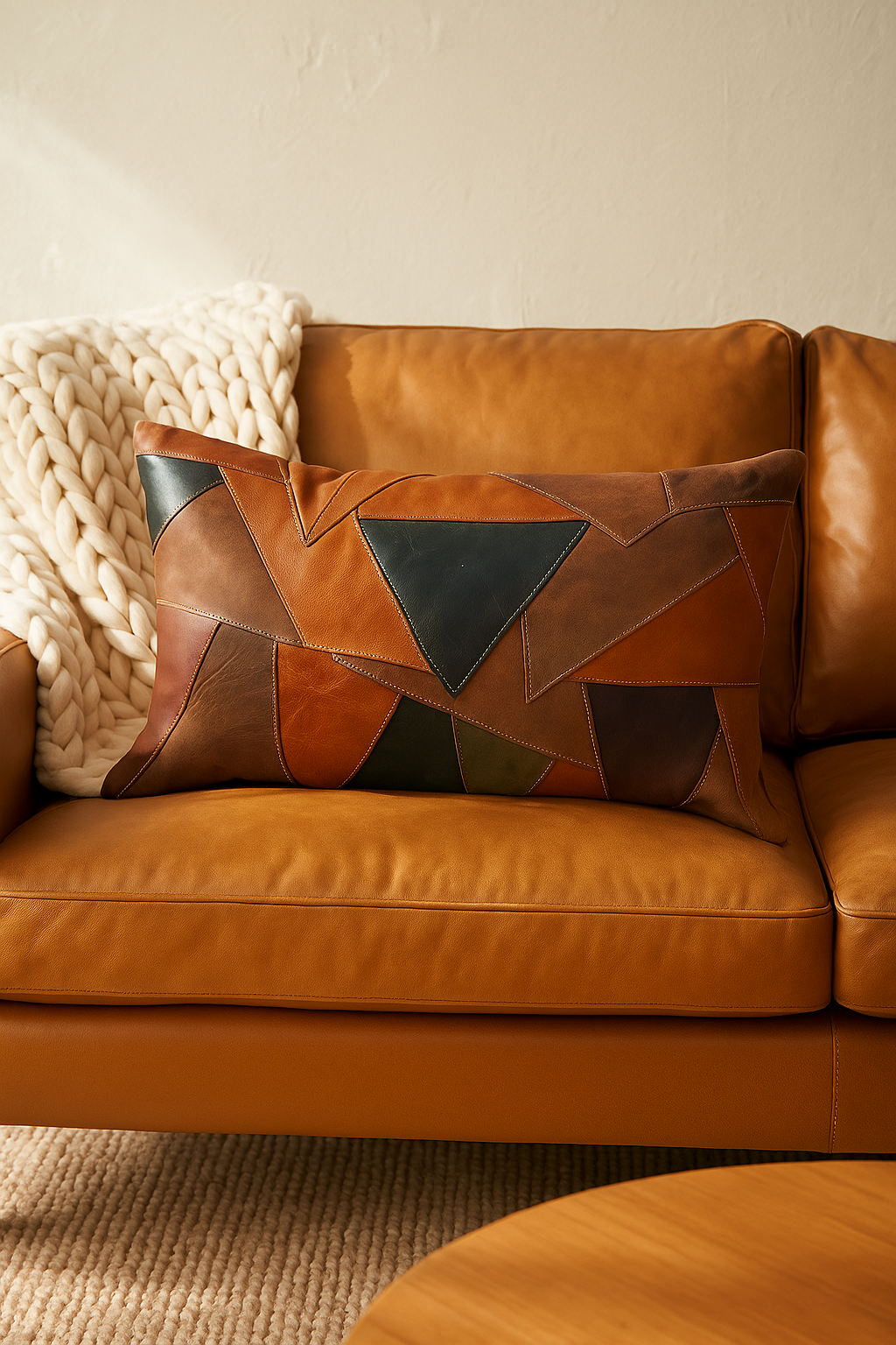 Modern leather lumbar pillow with geometric design in living room