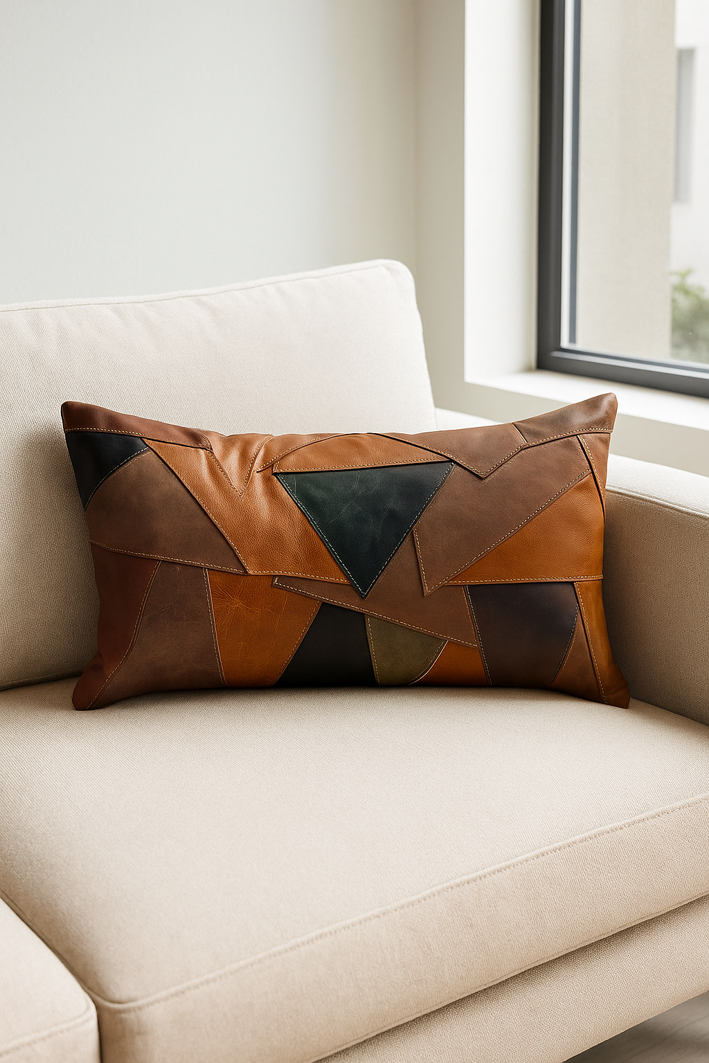 Rustic brown and black leather cushion on cream chair