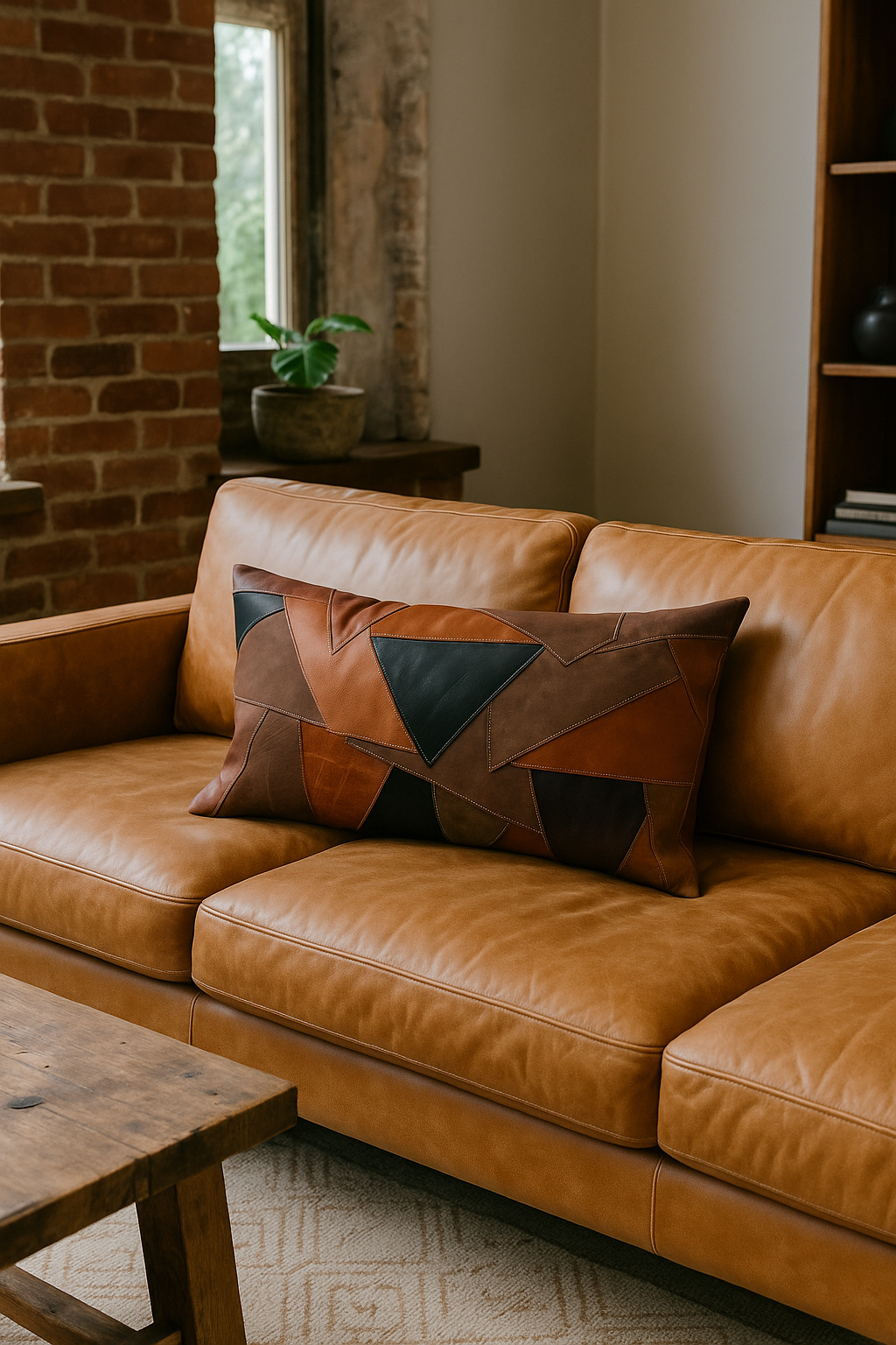 Geometric artisan leather pillow styled on leather couch
