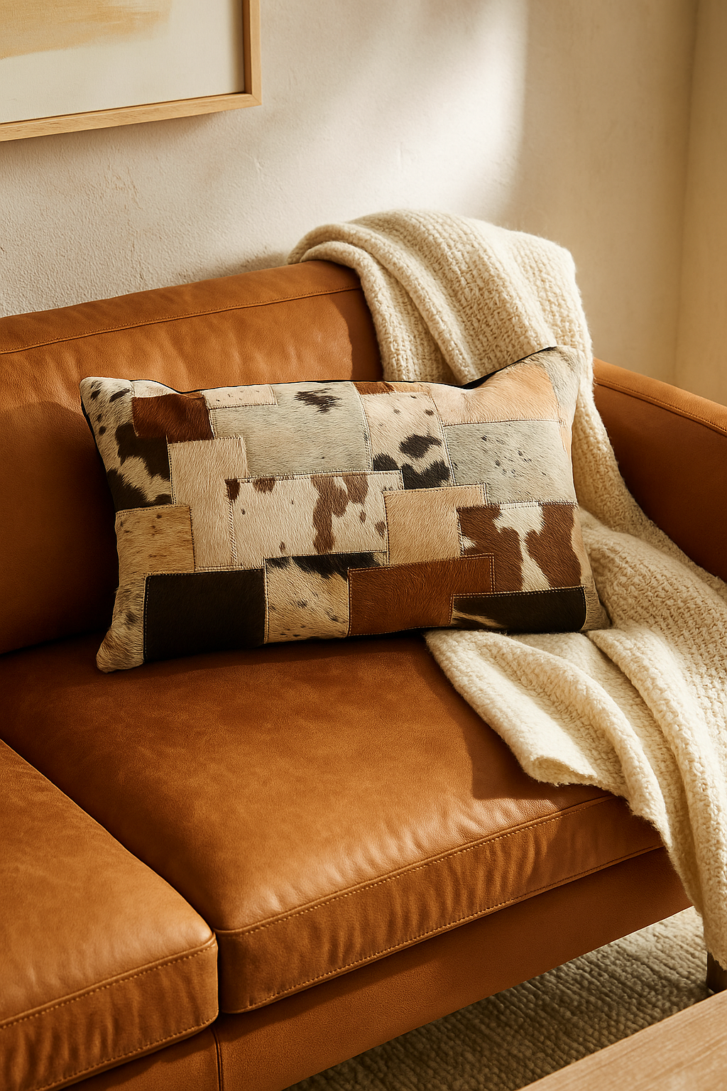 Rustic cowhide patchwork lumbar cushion on leather sofa