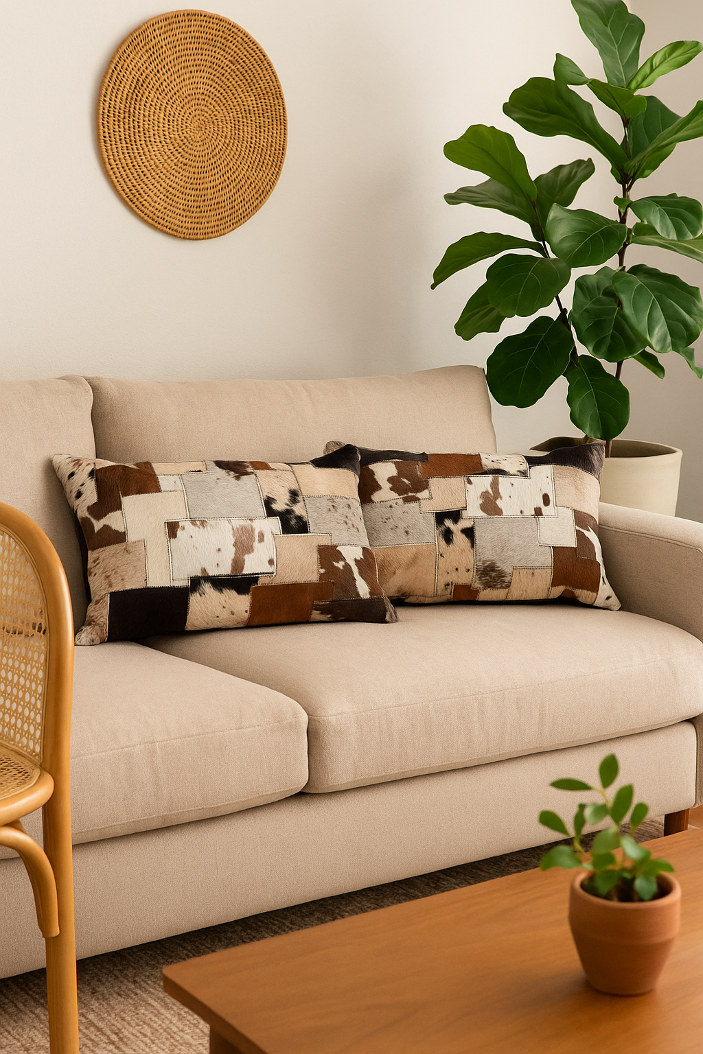 Genuine cowhide cushion with natural spotted hide patterns