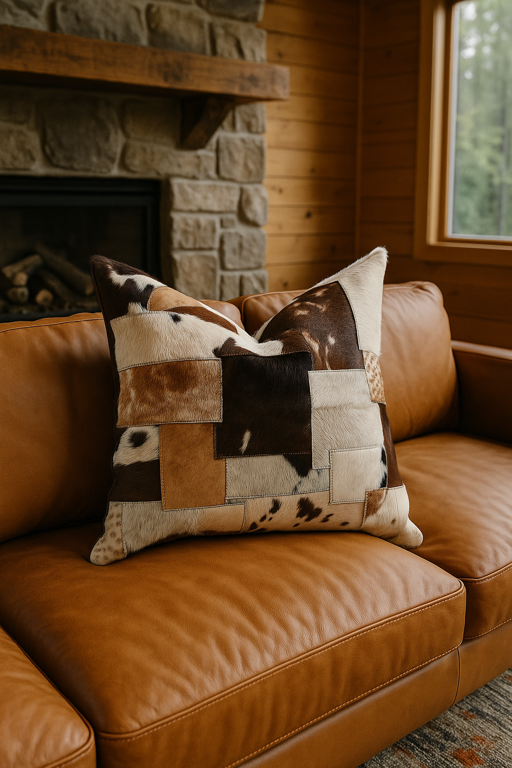 Genuine cowhide patchwork cushion on tan leather sofa
