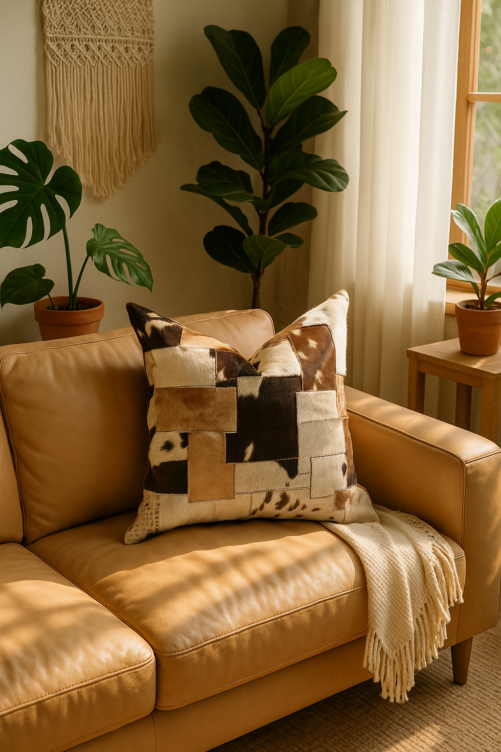 Rustic cowhide square pillow styled in farmhouse living room