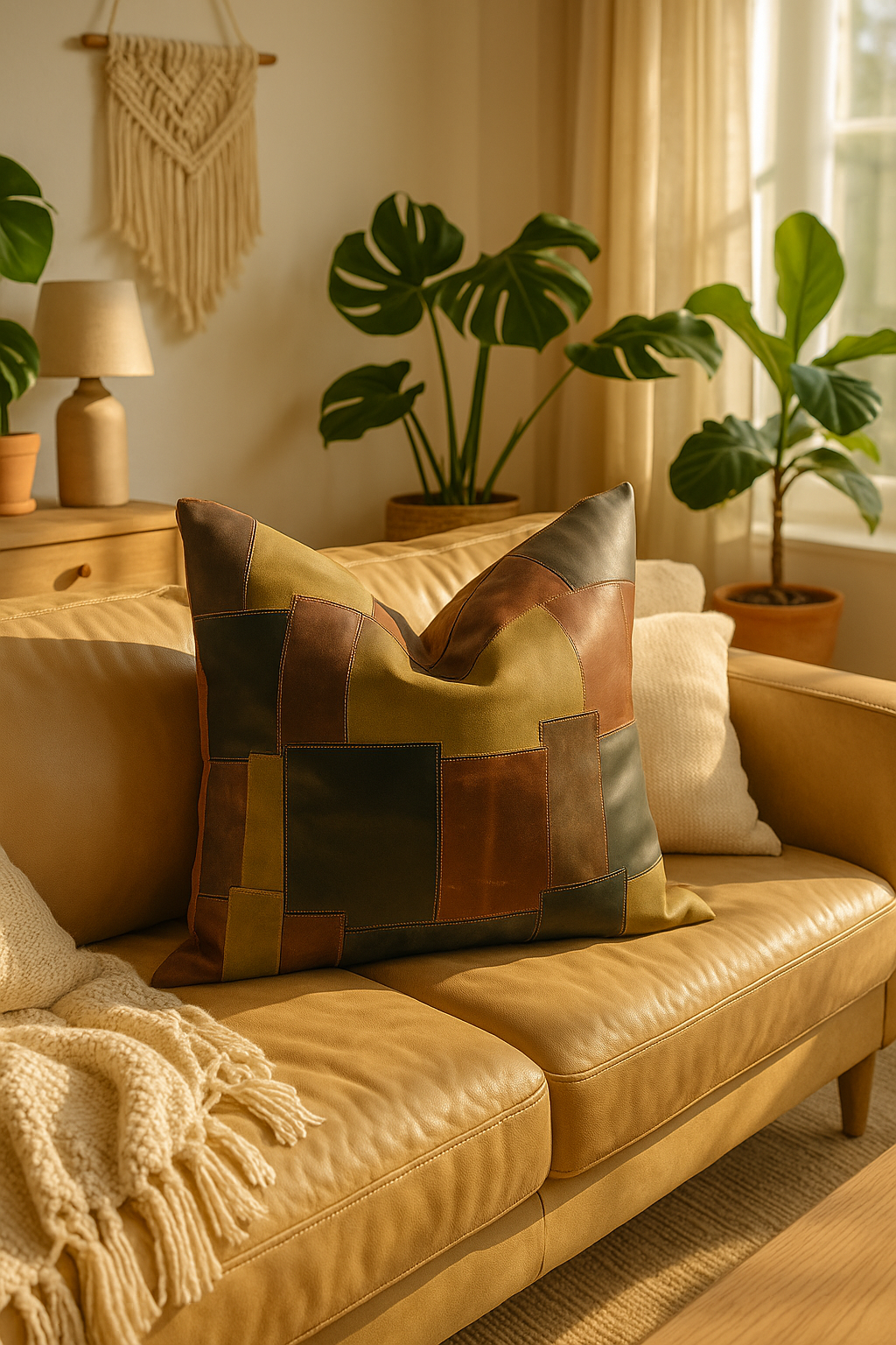 Premium tan leather cushion on dark couch — artisan leather décor
