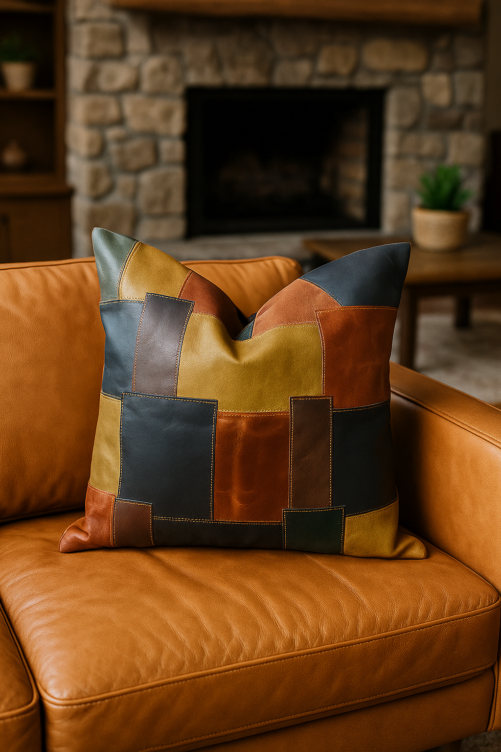 Handmade patchwork leather cushion cover styled on sofa in modern rustic living room