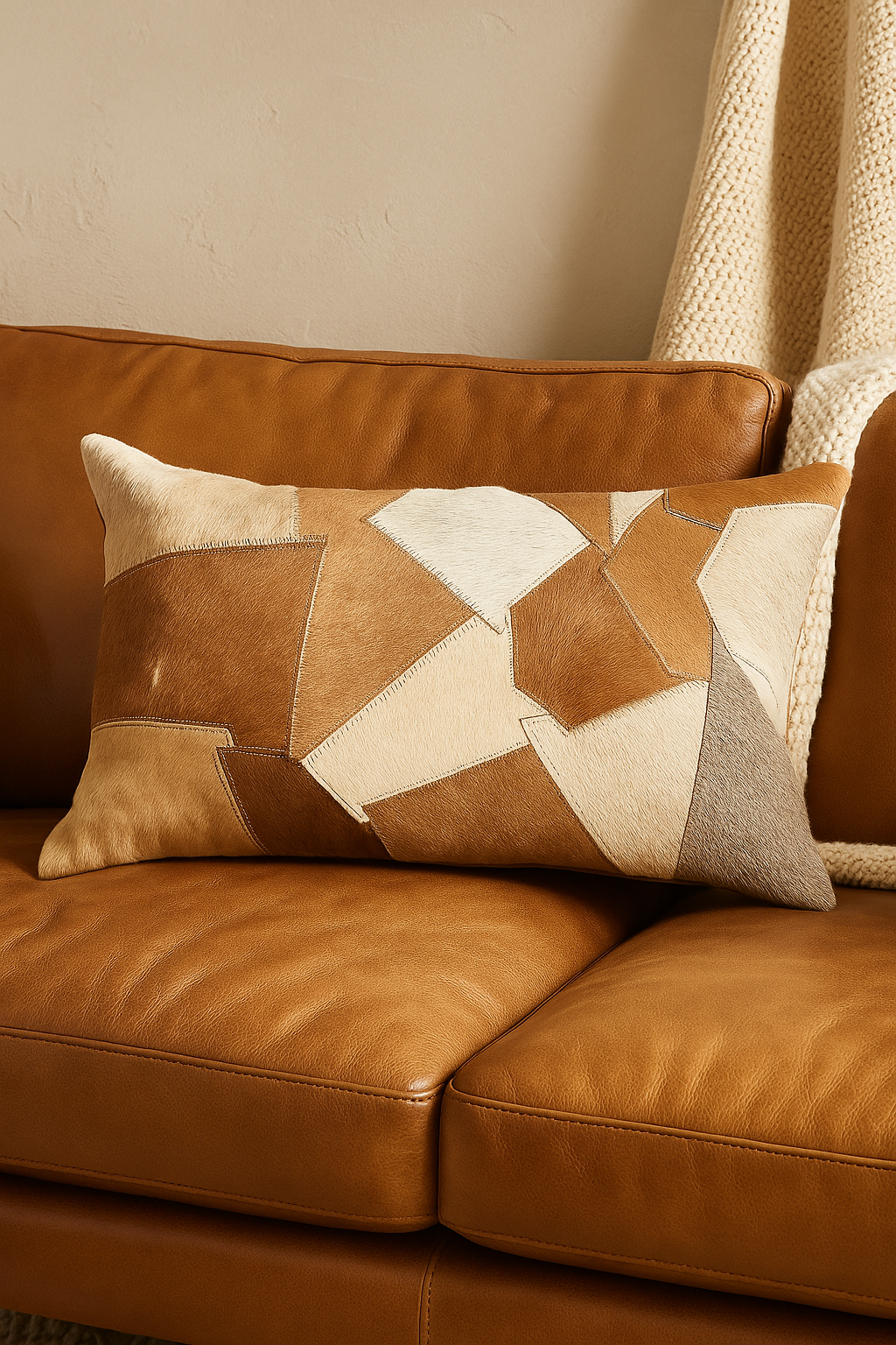 Artisan cowhide leather lumbar cushion in natural tones styled on sofa with indoor plants
