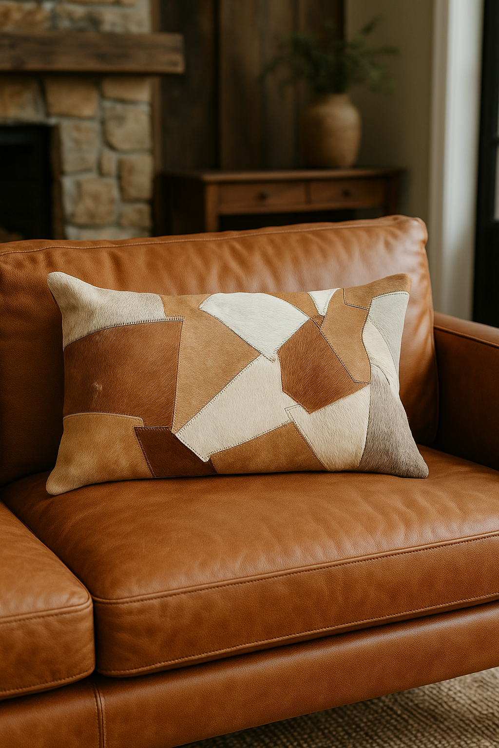 Brown leather sofa with a geometric-patterned pillow in a cozy living room setting.