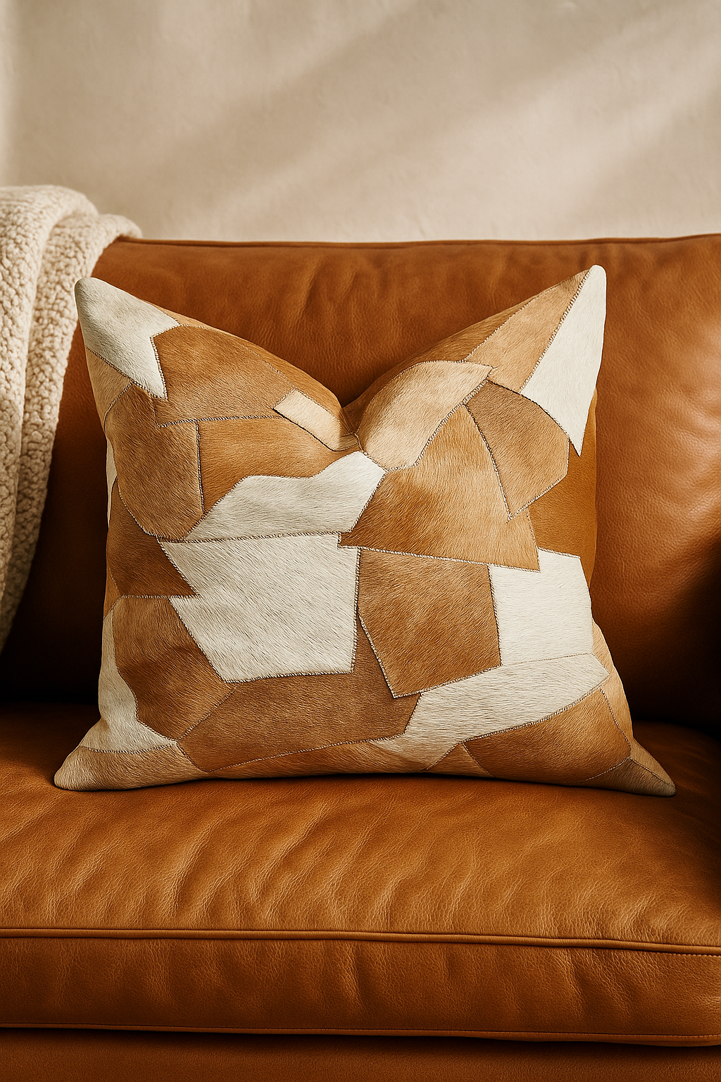 Sahara patchwork cowhide leather cushion cover in tan and cream tones on caramel leather sofa - Melbourne Leather Co