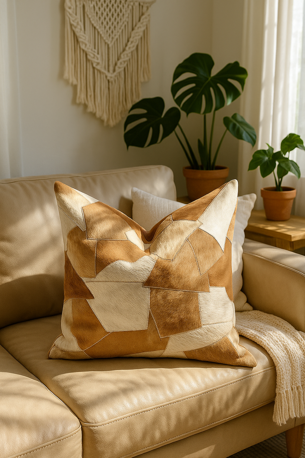 60x60cm handcrafted cowhide cushion with patchwork leather design in modern rustic living room