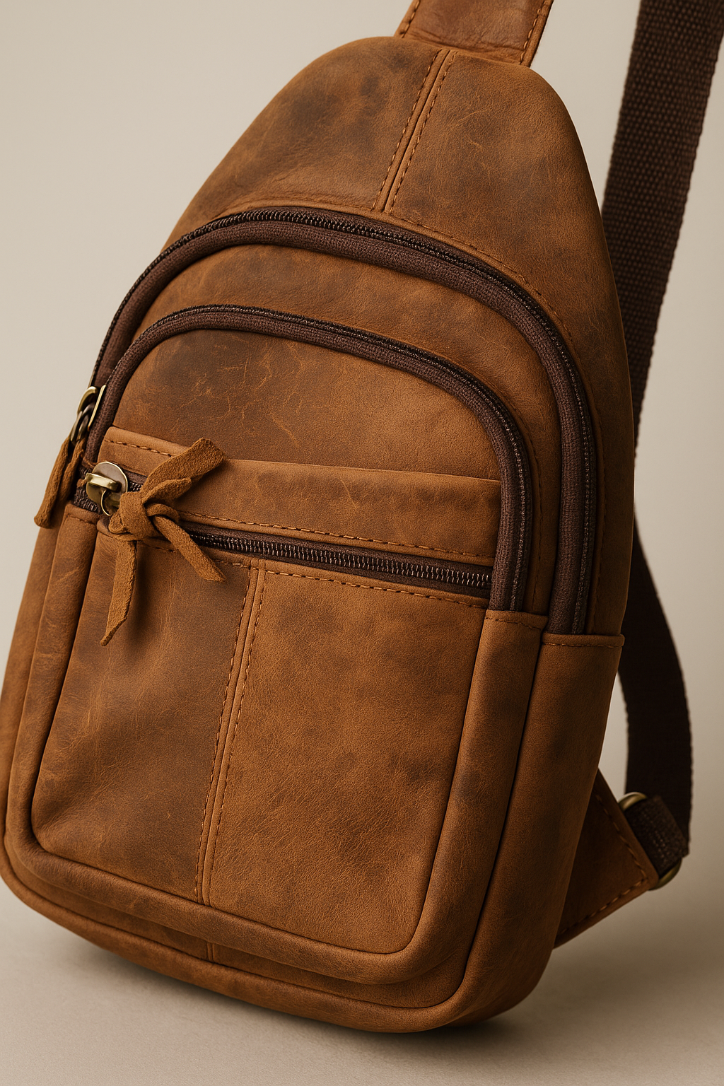 “Back view of brown leather sling bag showing diagonal security zip pocket and strap rings”