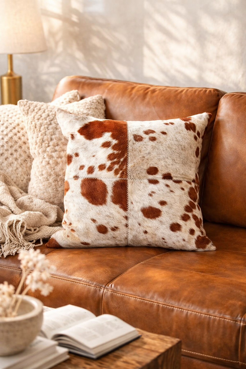 Brown leather sofa with a cow print pillow and an open book on a wooden table.