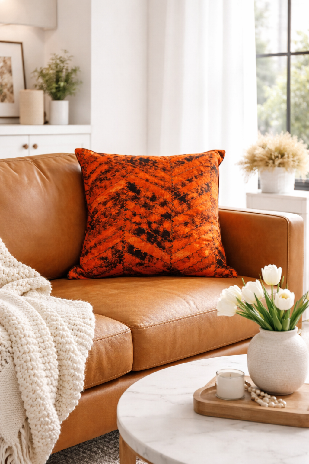 Brown leather sofa with an orange pillow in a living room setting.