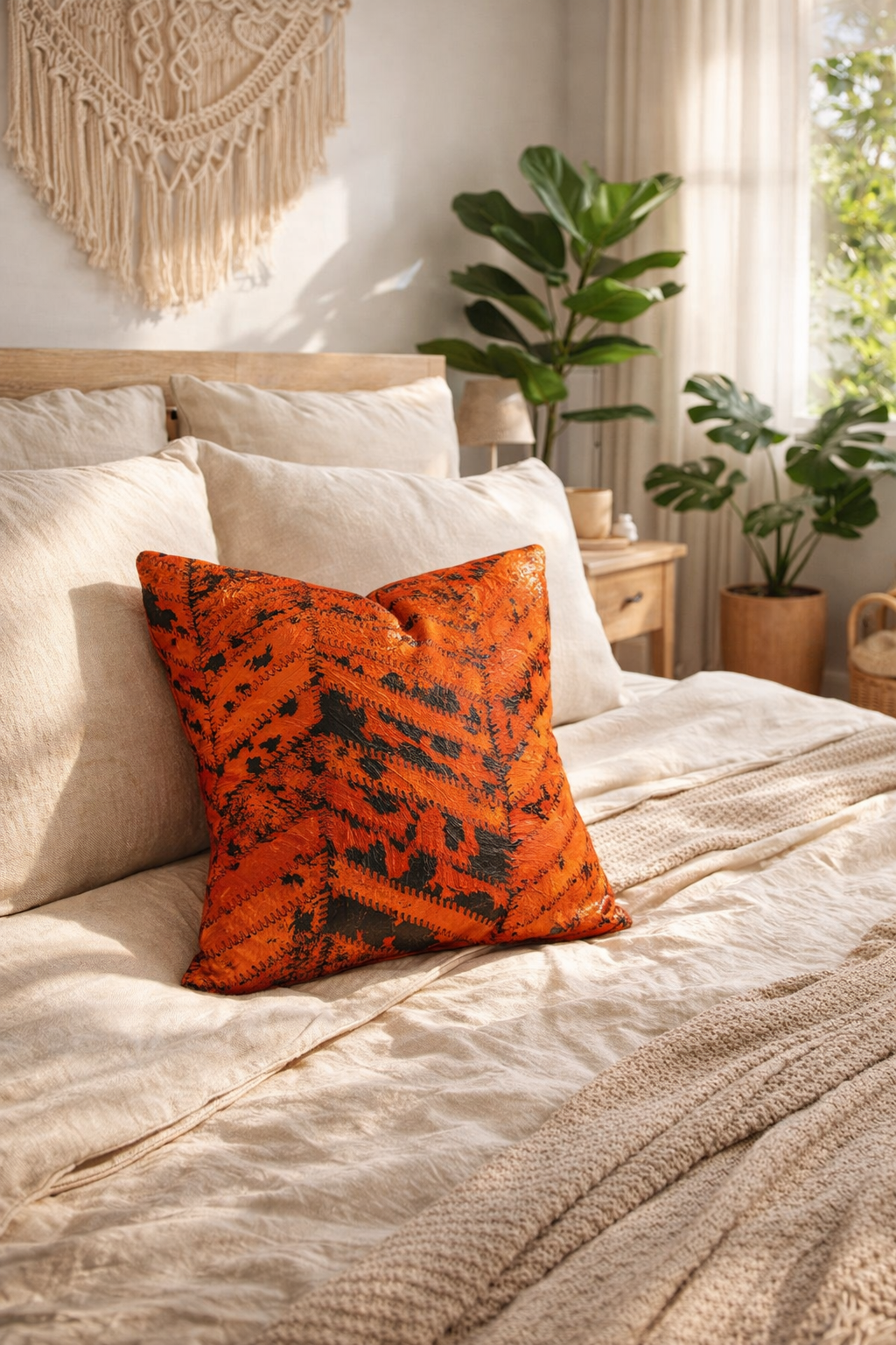 Orange pillow on a bed with a cozy bedroom setting