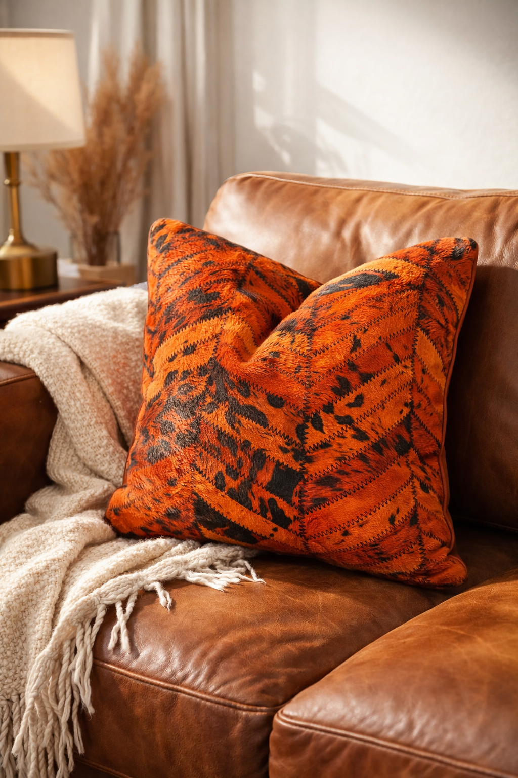 Orange patterned pillows on a brown leather sofa with a lamp and decorative elements in the background.