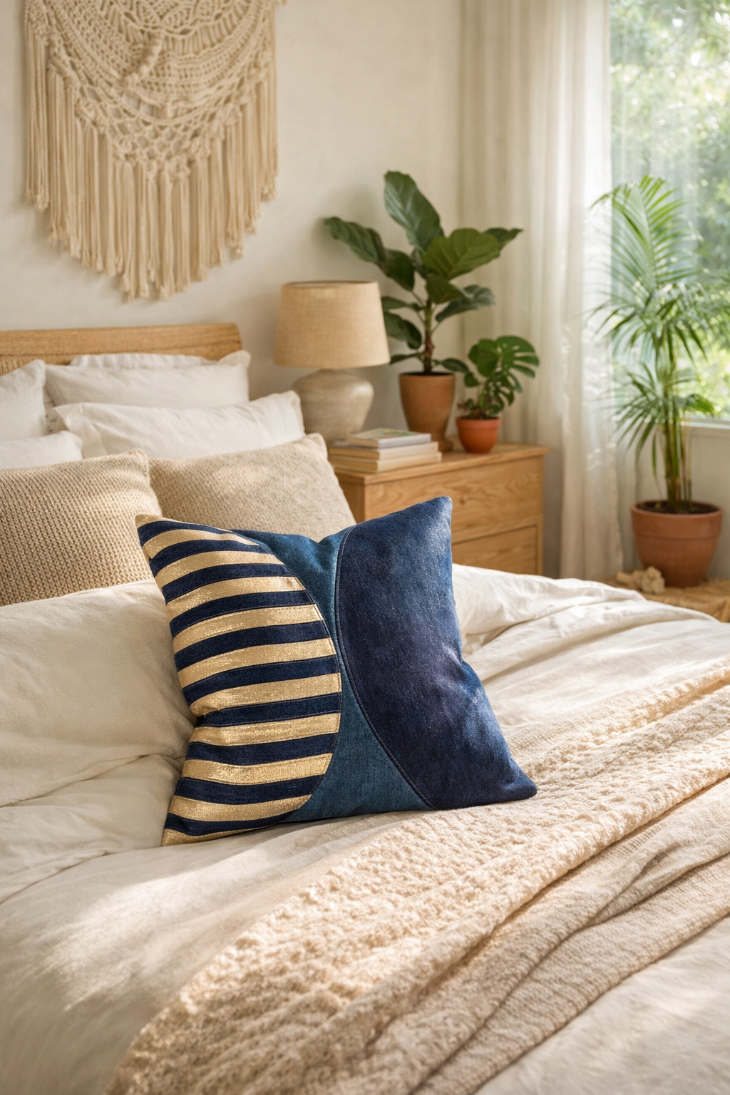 Cozy bedroom with striped and solid blue pillows on a bed, plants, and macrame wall art.