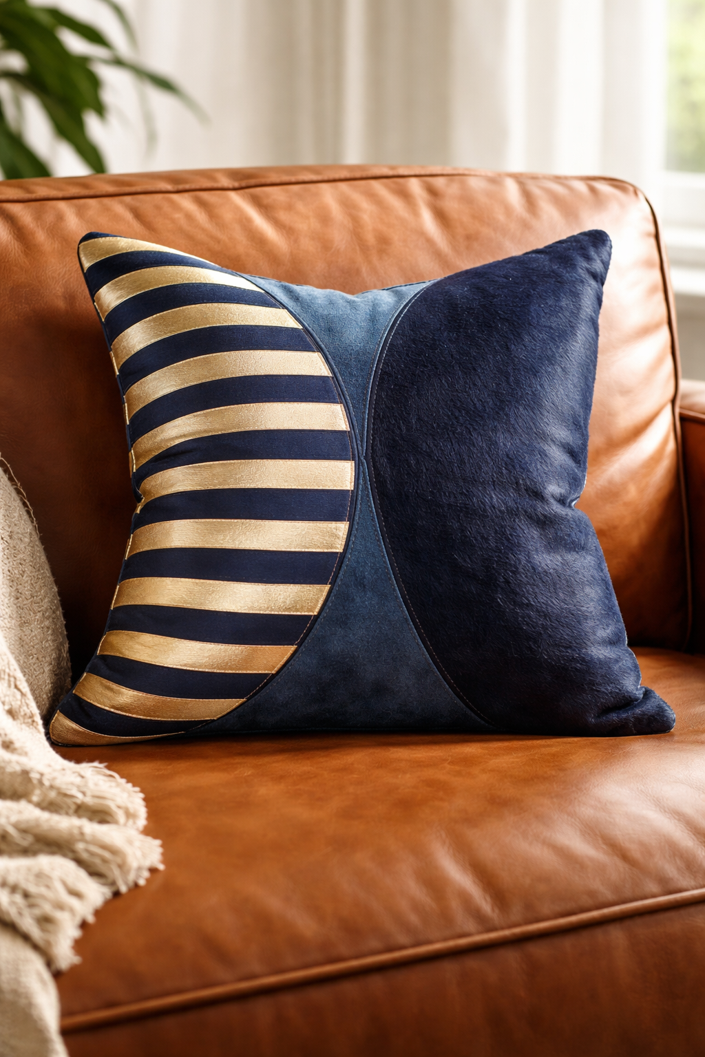 Decorative pillow with striped pattern on a brown leather couch