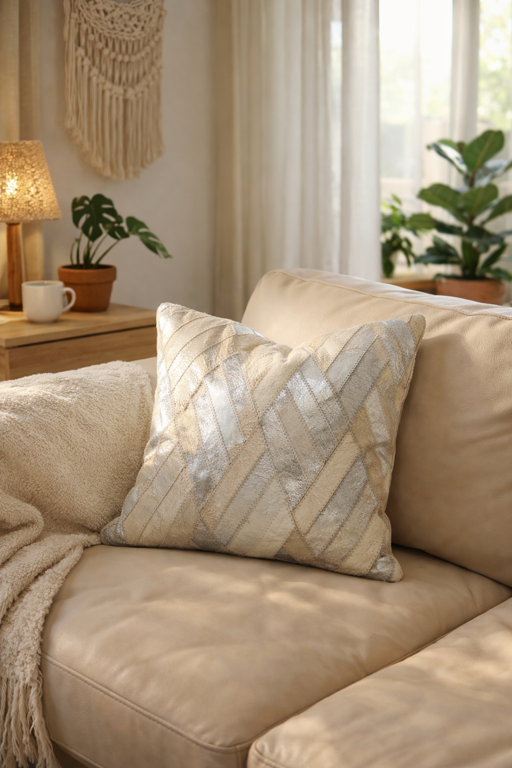 Beige sofa with a decorative pillow in a cozy living room setting.