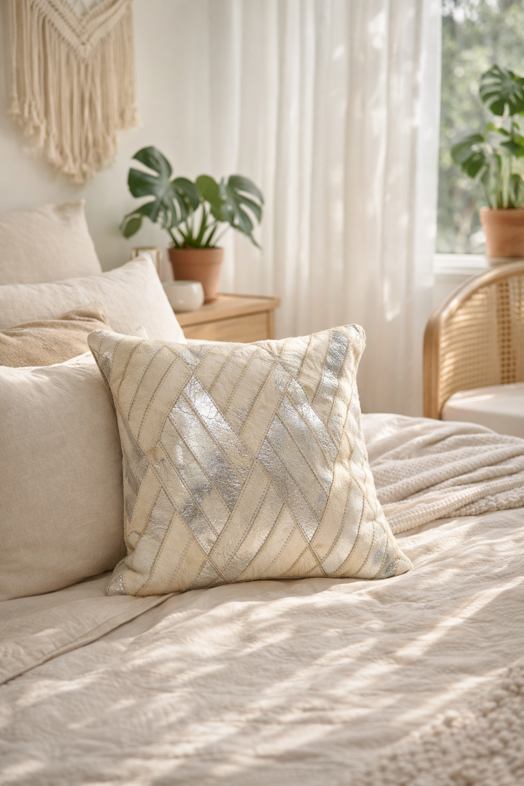 Decorative pillow on a bed with a neutral color scheme, including plants and a macrame wall hanging.