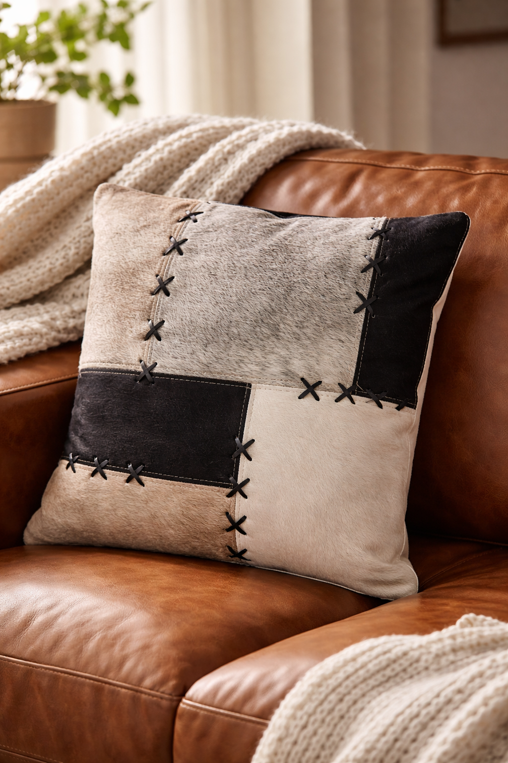 Patchwork cowhide cushion cover 45x45 in black grey and cream with X-stitch detail on tan leather sofa