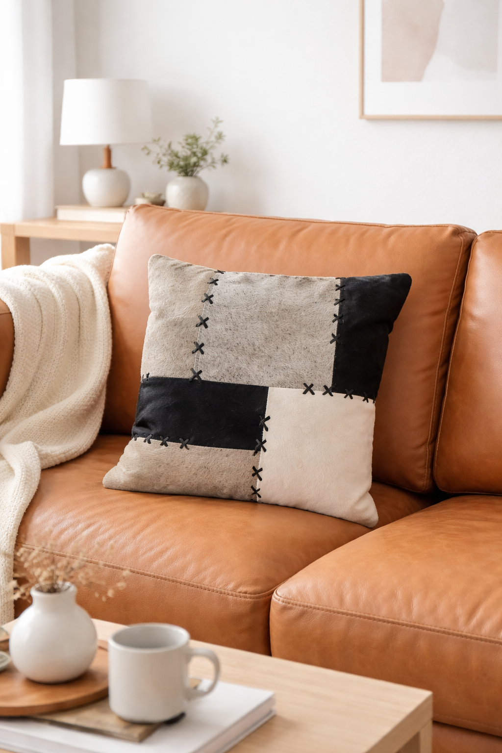 Cowhide cushion cover 45x45 patchwork design styled on leather couch in neutral living room