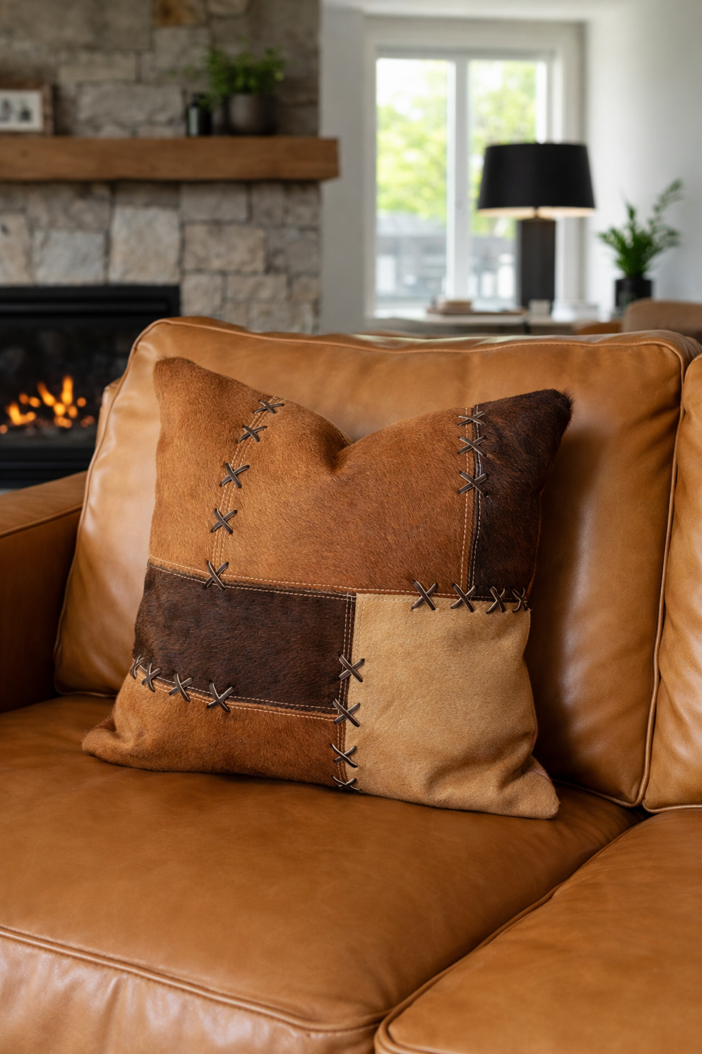 Cowhide patchwork cushion cover 45x45cm in tan and brown on leather sofa