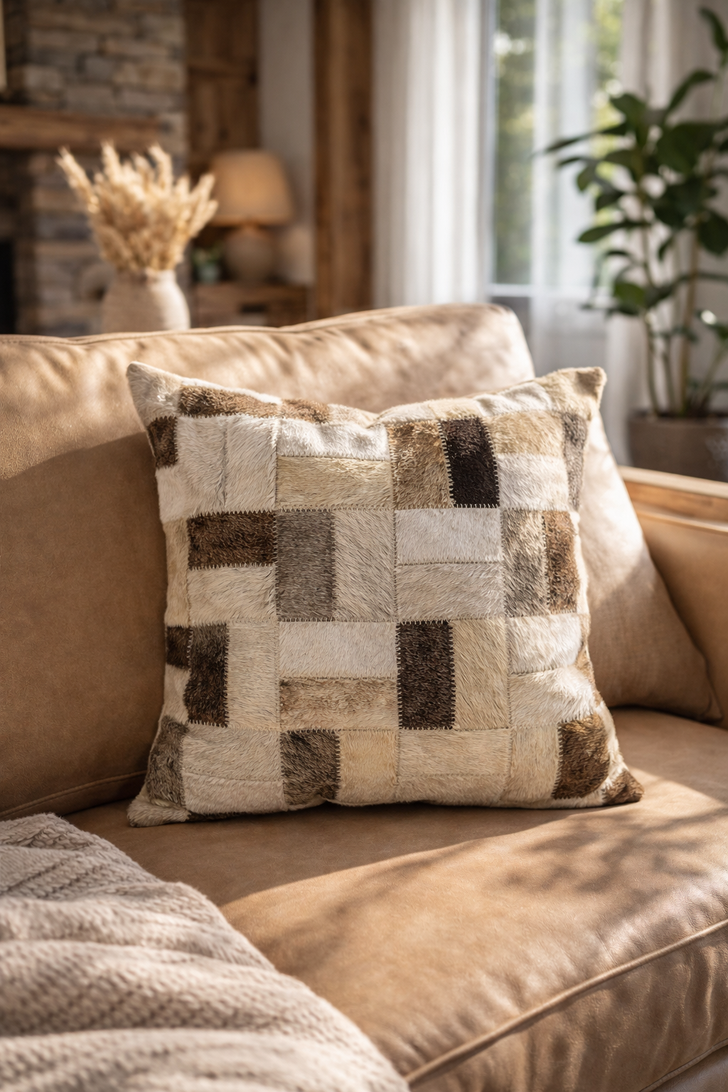 Neutral patchwork cowhide cushion cover 45x45cm on tan leather sofa