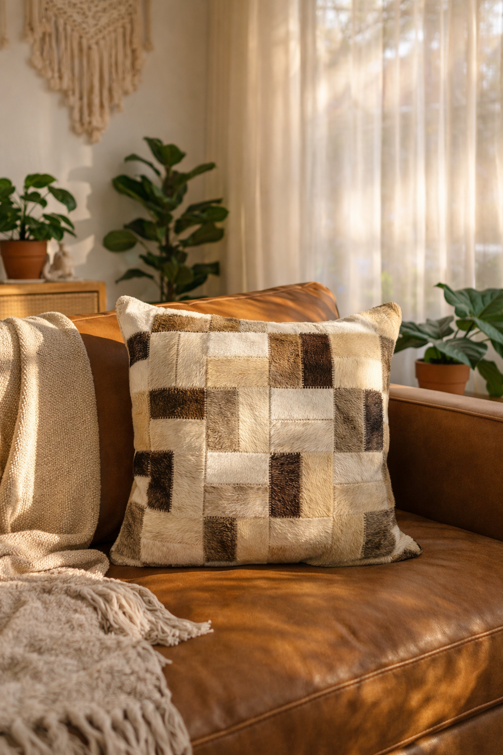 Patchwork cowhide pillow cover styled in neutral living room