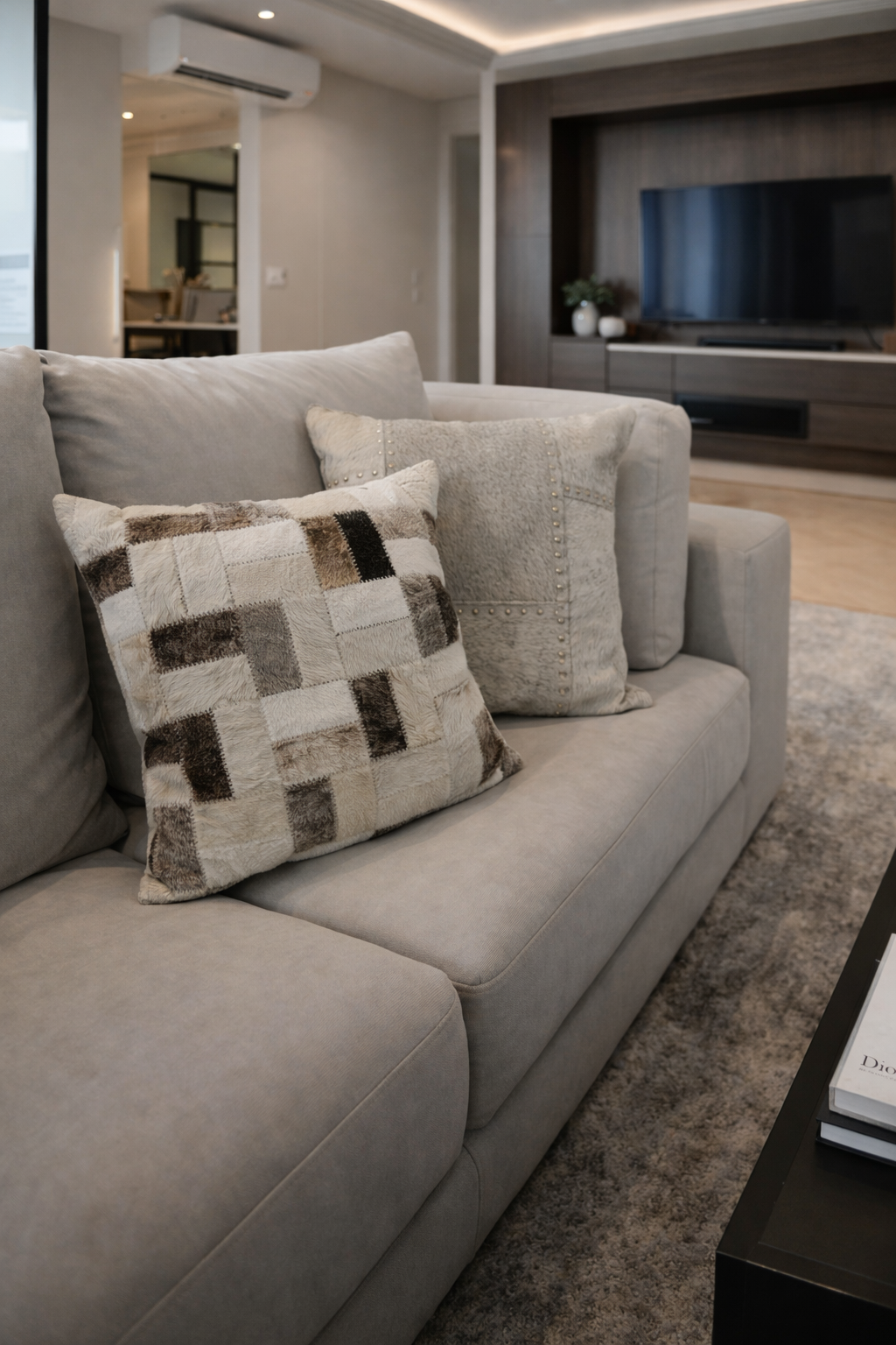 Neutral cowhide patchwork cushion on grey sofa modern home decor