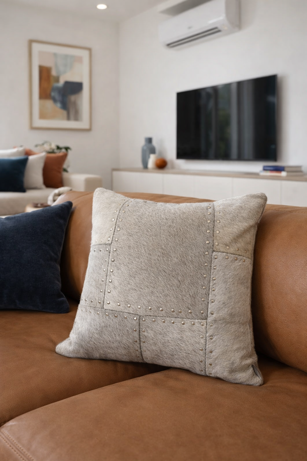 Studded Cowhide Leather Cushion Cover 40x40cm | Premium Patchwork Throw Pillow Case