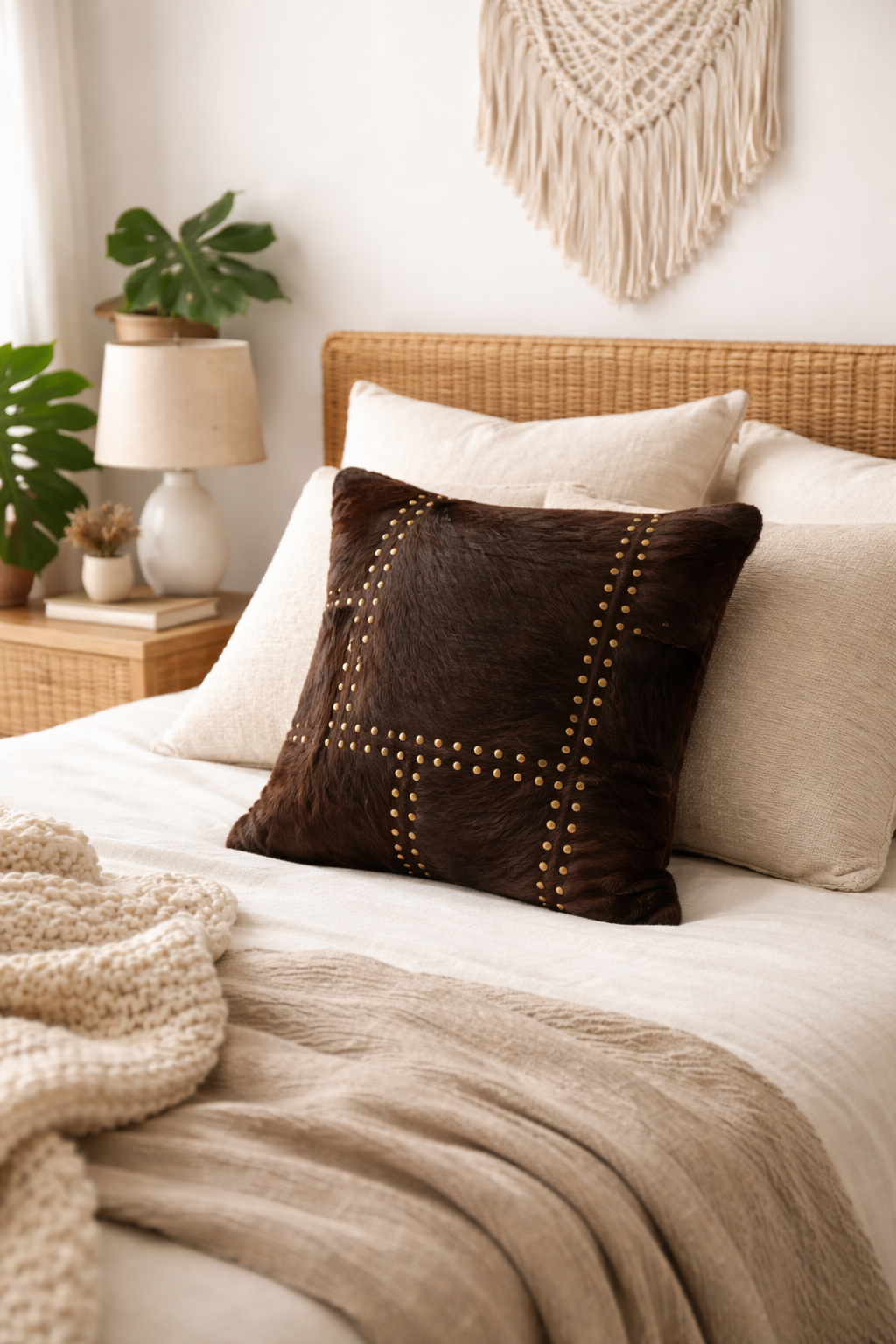 Studded Cowhide Leather Cushion Cover 40x40cm | Genuine Hide Front + Cotton Linen Back