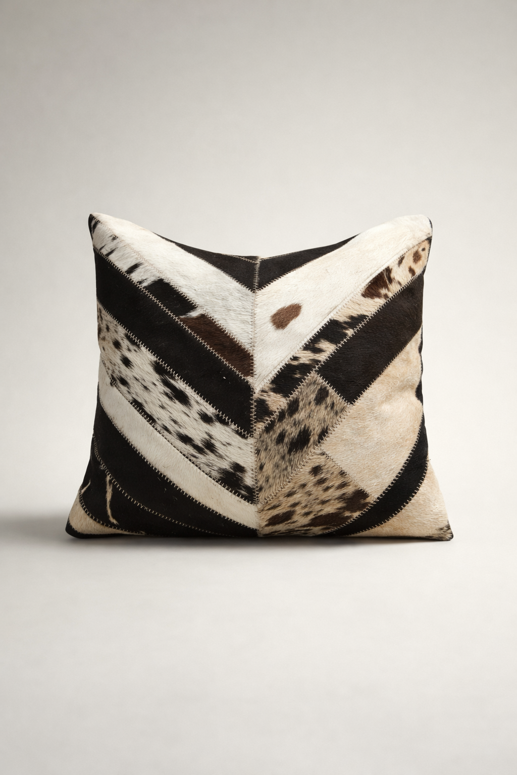 Cowhide Leather Patchwork Cushion Cover – Chevron (Black / Natural)
