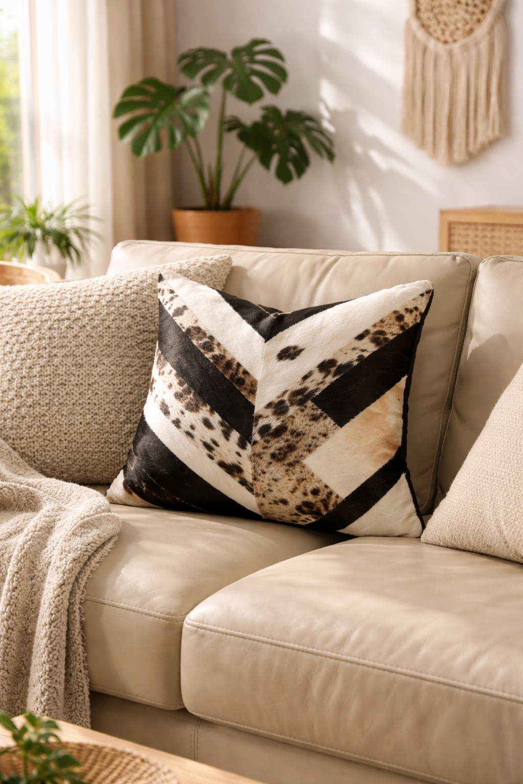 Cowhide Leather Patchwork Cushion Cover – Chevron (Black / Natural)