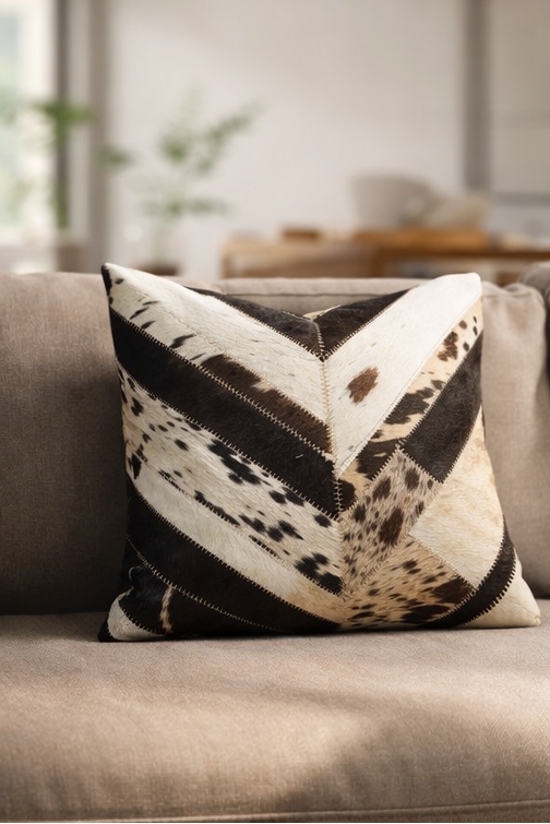 Cowhide Leather Patchwork Cushion Cover – Chevron (Black / Natural)