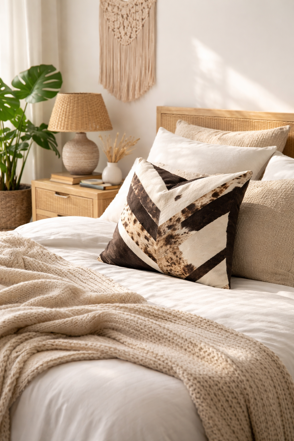 Cowhide Leather Patchwork Cushion Cover – Chevron (Black / Natural)