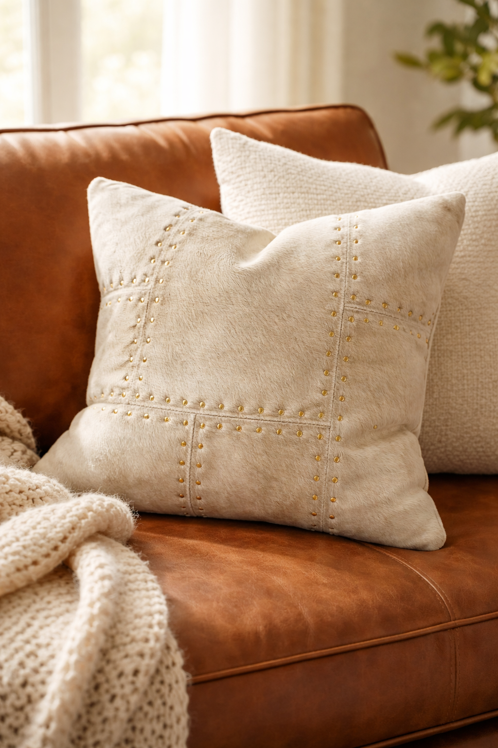 Ivory cowhide cushion cover with brass stud detailing on leather sofa