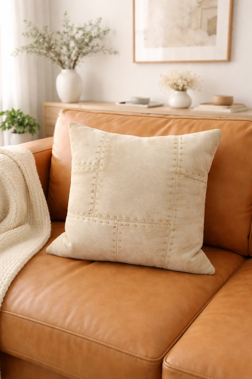 Genuine cowhide cushion cover with stud accents on sofa