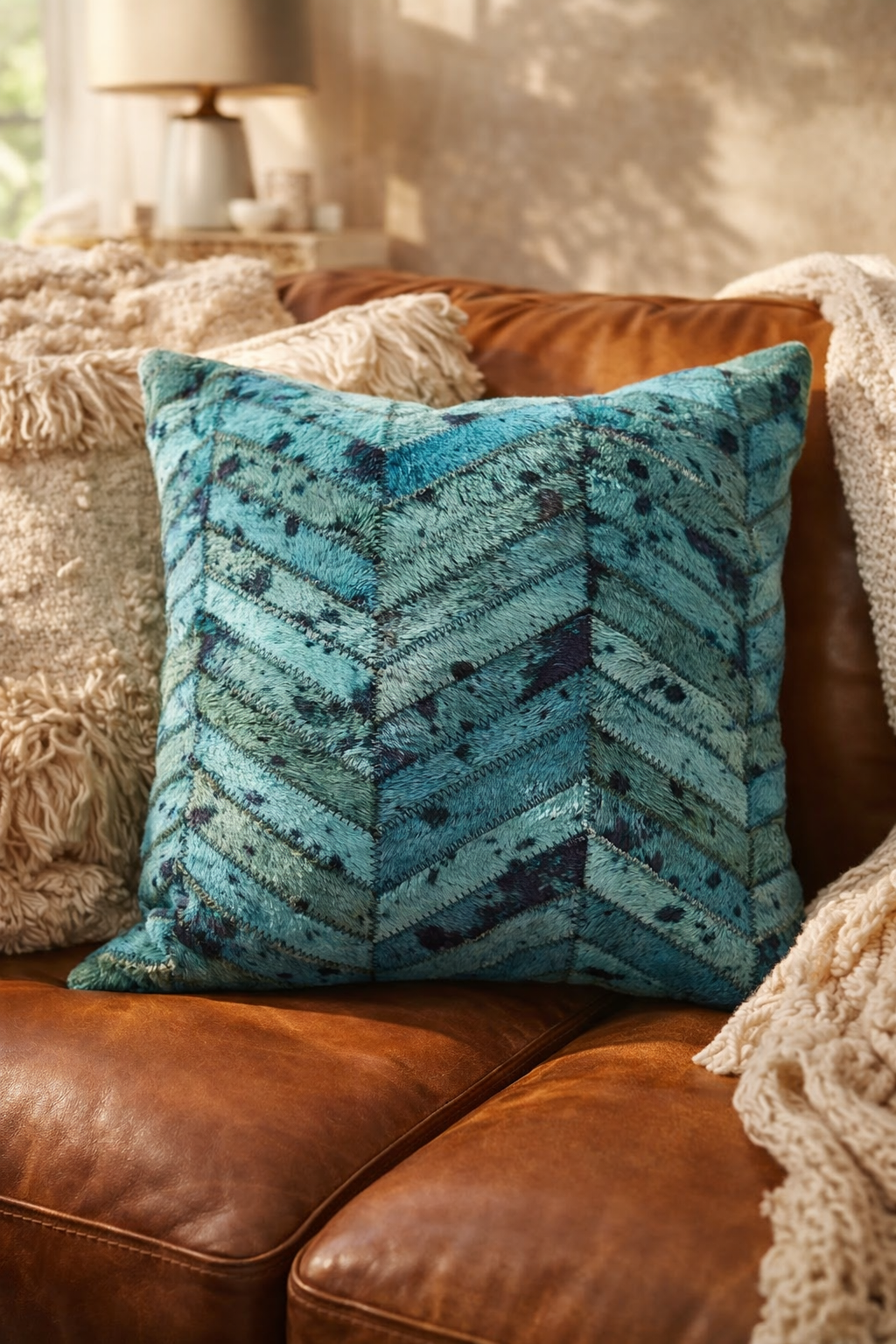 Add a designer pop of colour—teal cowhide cushion styled on a luxe leather sofa