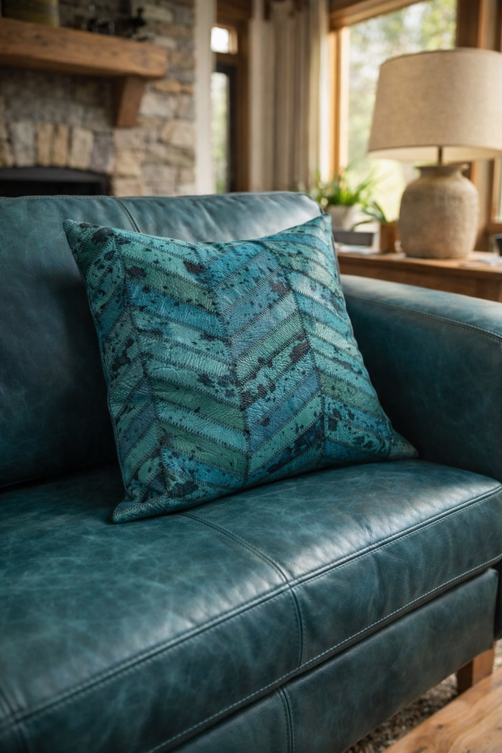 Boutique hotel lounge styling with a teal textured cushion on a leather couch