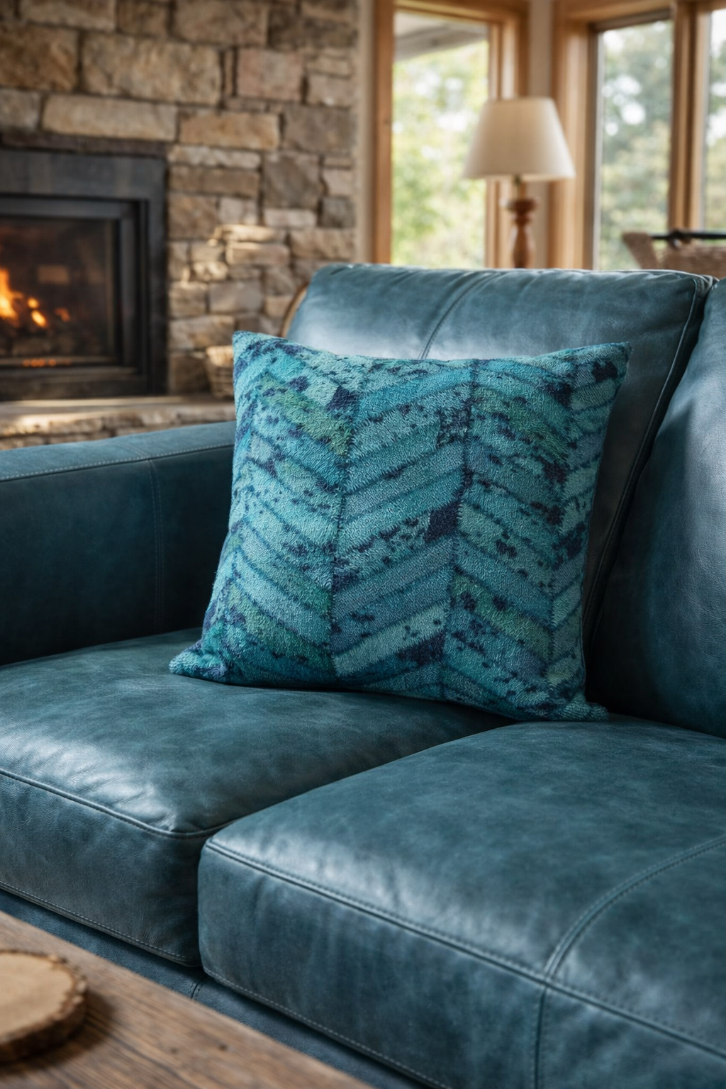 Teal cowhide cushion cover with chevron patchwork on teal leather sofa. Perfect accent cushion for coastal and modern homes—teal cowhide pattern on sofa