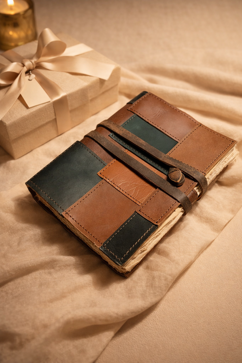 Vintage leather journal styled with gift box and ribbon for luxury gifting.